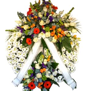 Corona funeraria naranja y blanca Raquel
