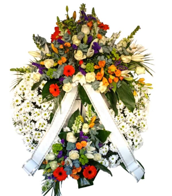 Corona funeraria naranja y blanca Raquel